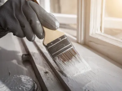 Main avec gant appliquant de la peinture blanche sur un rebord de fenêtre avec un pinceau.